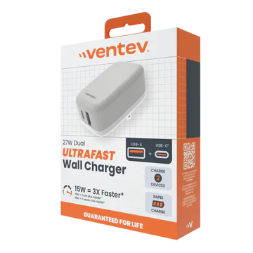 ADAPTADOR VENTEV DE PARED 27W 2 PUERTOS USB-A / USB-C WHITE - Image 2