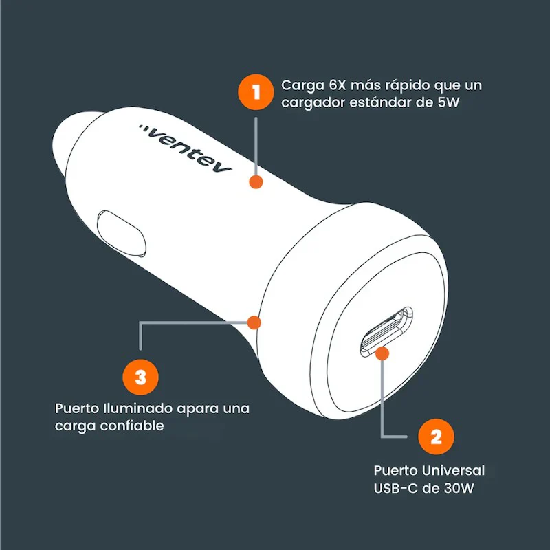 ADAPTADOR VENTEV PARA CARRO 30W USB-C GREY - Image 2