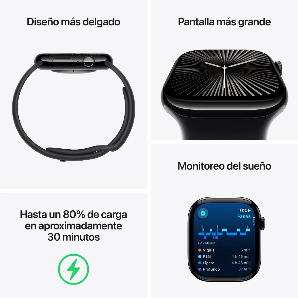 Apple Watch Series 10 GPS + Cellular • Caja de aluminio negro azabache de 46 mm • Correa deportiva negra - S/M - Image 3
