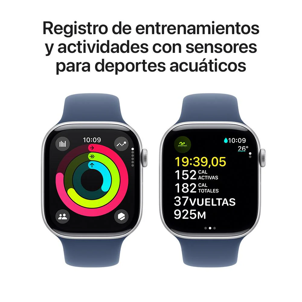 Apple Watch Series 10 GPS • Caja de aluminio color plata de 46 mm • Correa deportiva azul denim - S/M - Image 4